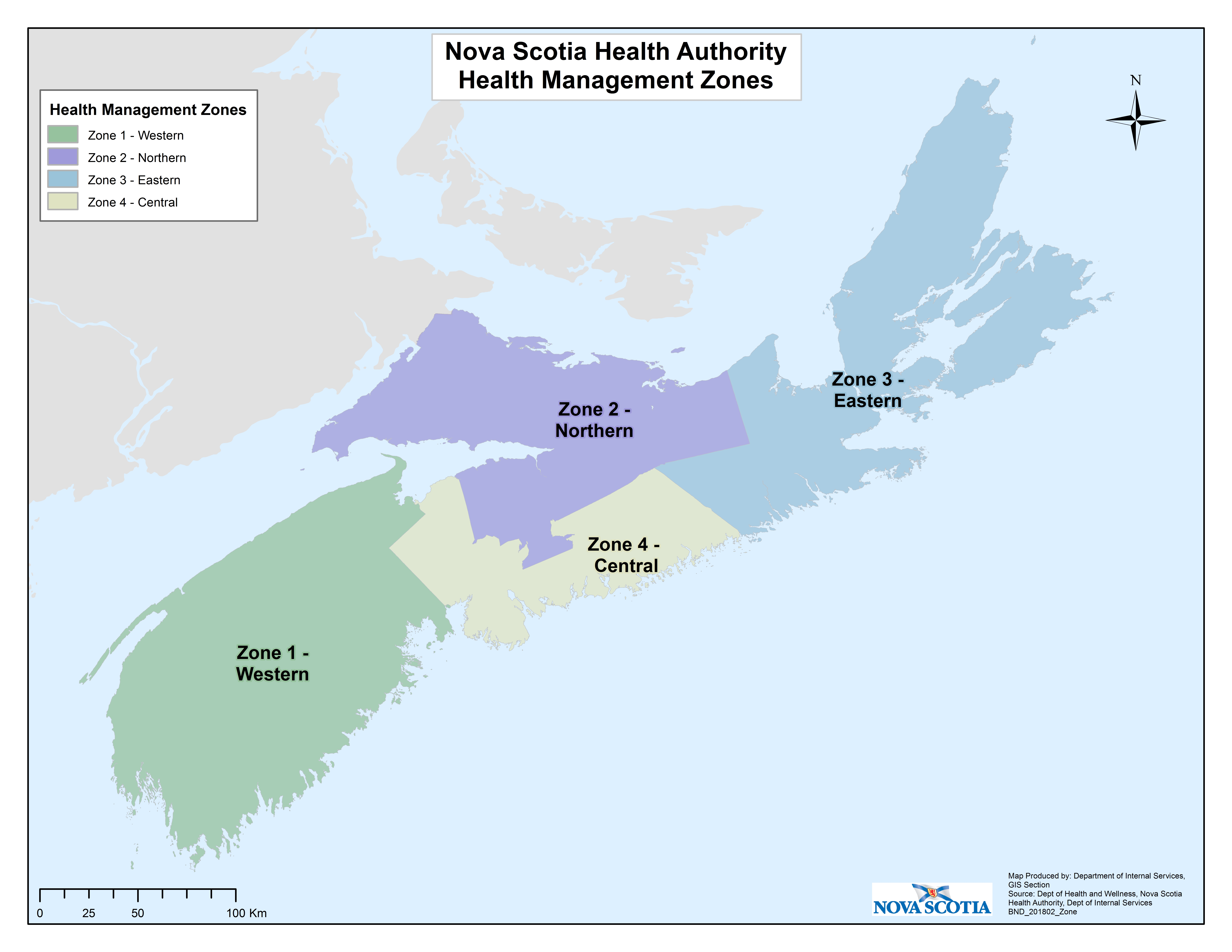 A map outlining the Nova Scotia Health Authority Health Management Zones